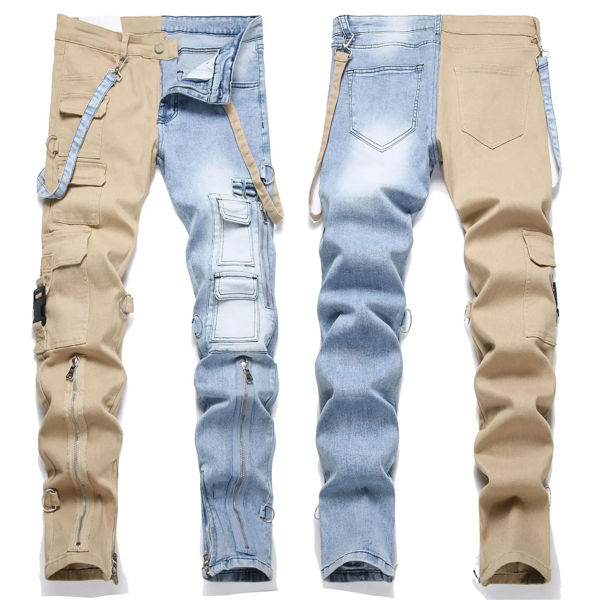 Men Jeans Long Pant Denim Pencil Pants Pockets Splice Zipper Slim Fit High Waist Regular Casual Straight Trousers Autumn Winter