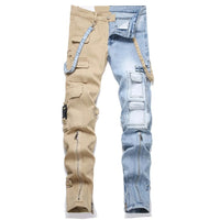 Men Jeans Long Pant Denim Pencil Pants Pockets Splice Zipper Slim Fit High Waist Regular Casual Straight Trousers Autumn Winter