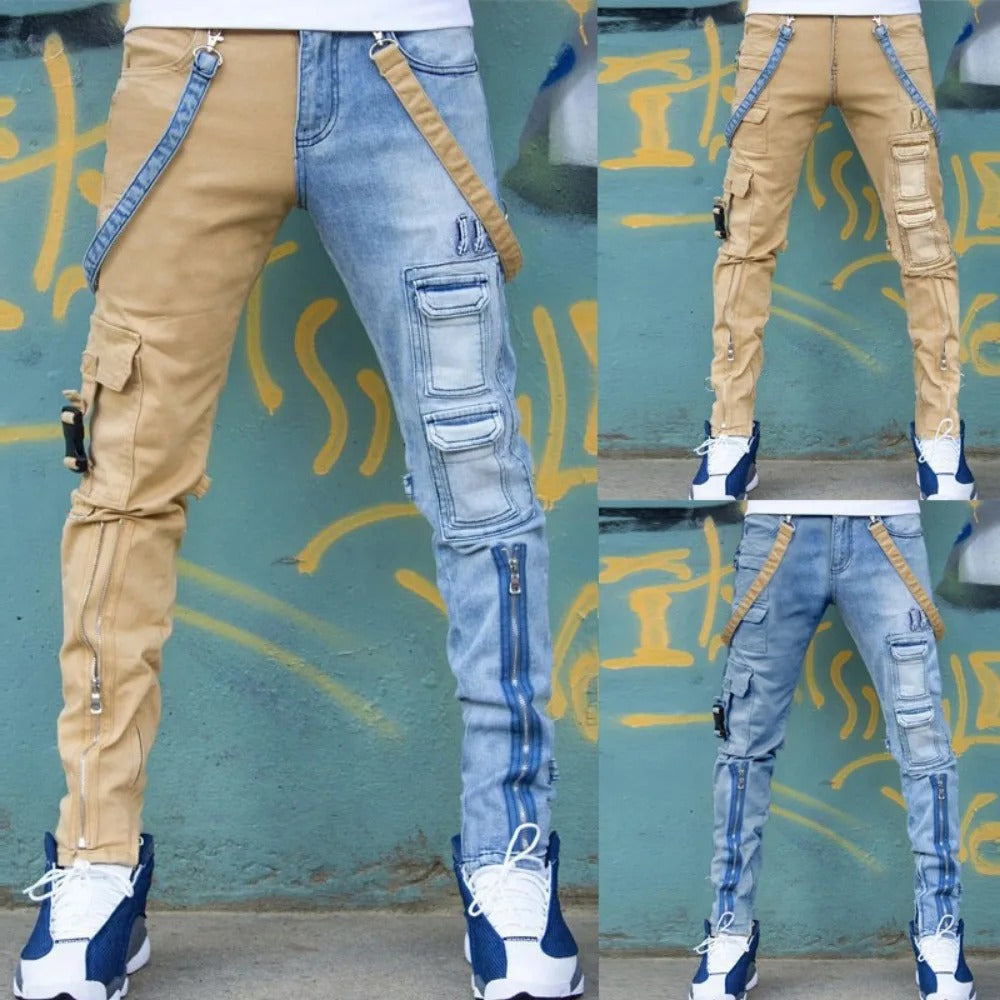 Men Jeans Long Pant Denim Pencil Pants Pockets Splice Zipper Slim Fit High Waist Regular Casual Straight Trousers Autumn Winter