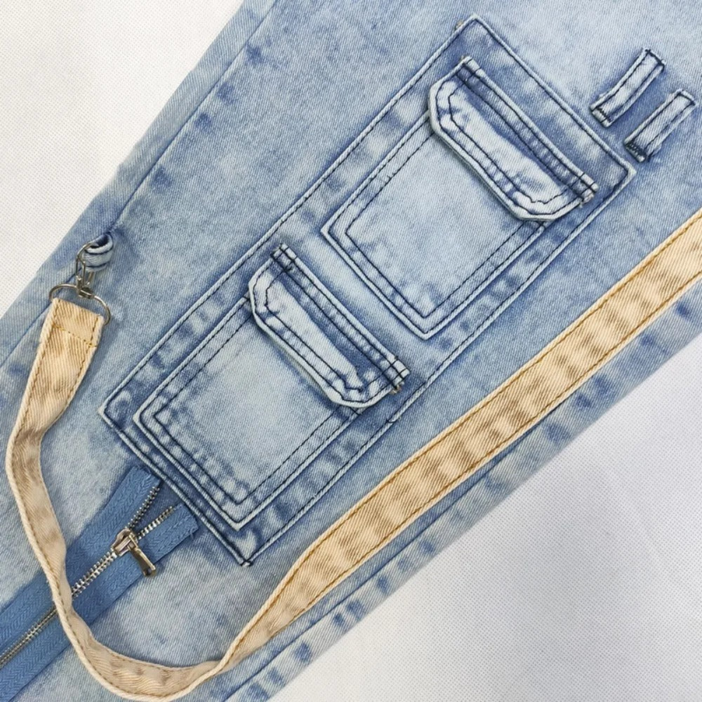 Men Jeans Long Pant Denim Pencil Pants Pockets Splice Zipper Slim Fit High Waist Regular Casual Straight Trousers Autumn Winter